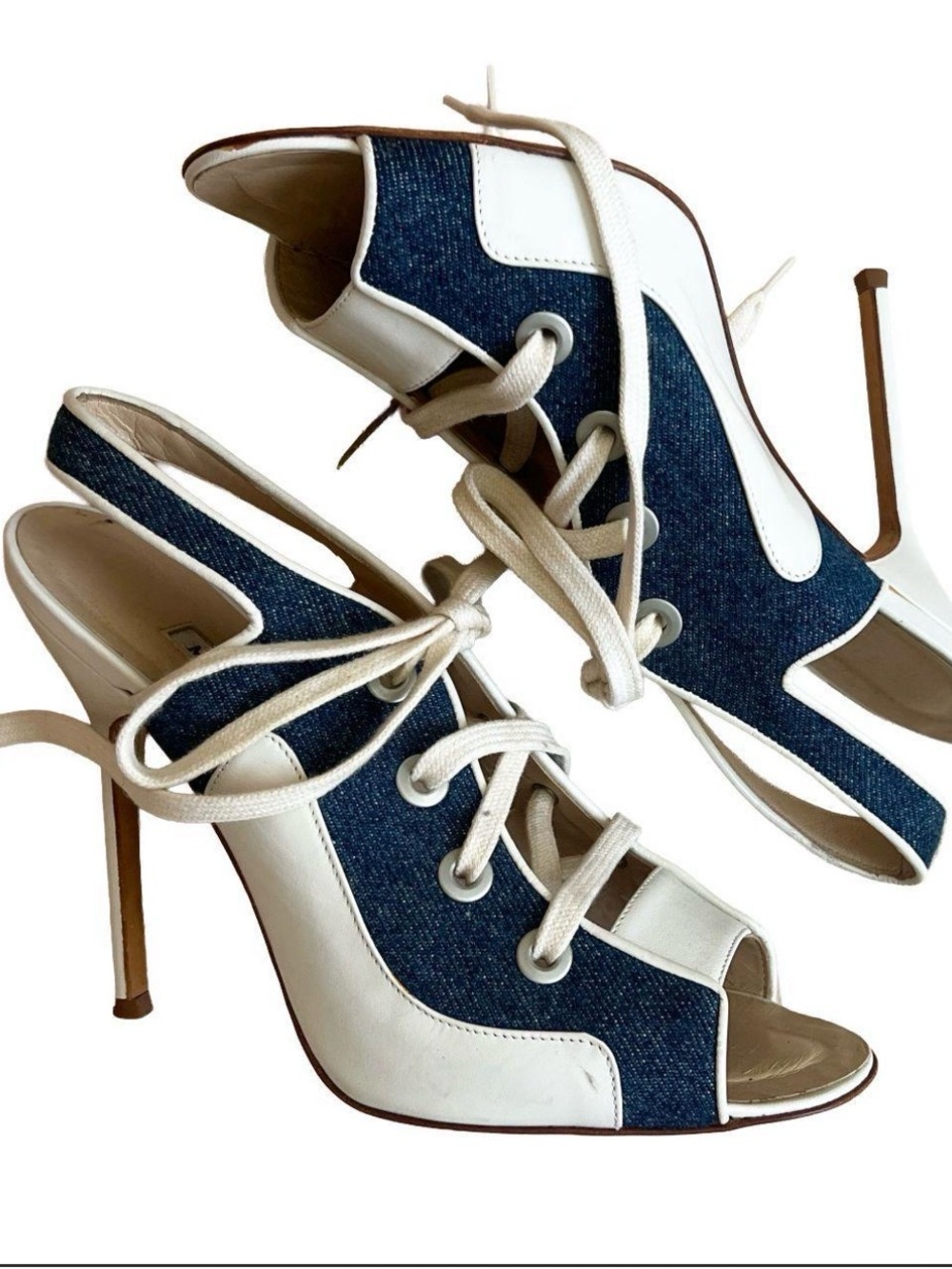 Manolo Blahnik White and Blue Denim Lace-Up Slingback Heels